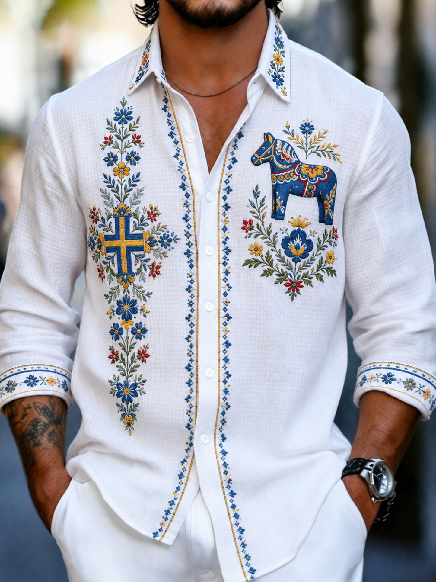 Men's long-sleeved shirt, art print commemorating the Swedish holiday