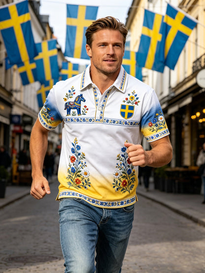 Men's polo shirt with artistic print commemorating the Swedish holiday