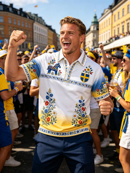 Men's polo shirt with artistic print commemorating the Swedish holiday