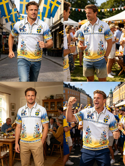 Men's polo shirt with artistic print commemorating the Swedish holiday