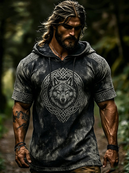 Women's T-shirt with a distressed look and short sleeves, with a Viking-themed print
