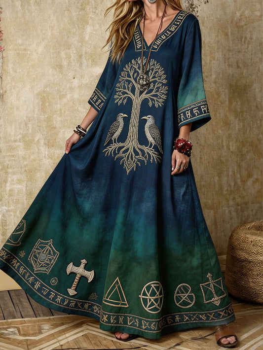 Women's Viking style dress with Nordic motif printed on linen