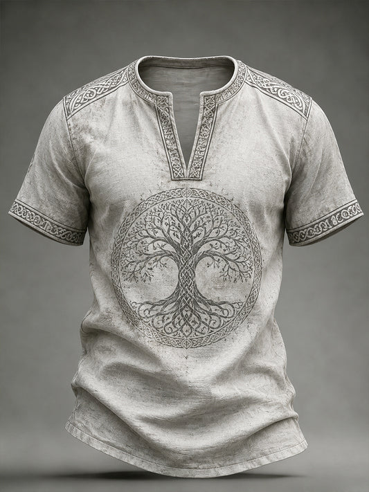 Men's retro-style V-neck short-sleeved sweater with Viking-inspired pattern