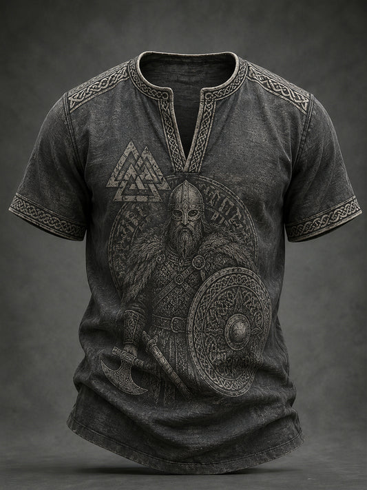 Men's retro-style V-neck short-sleeved sweater with Viking-inspired pattern
