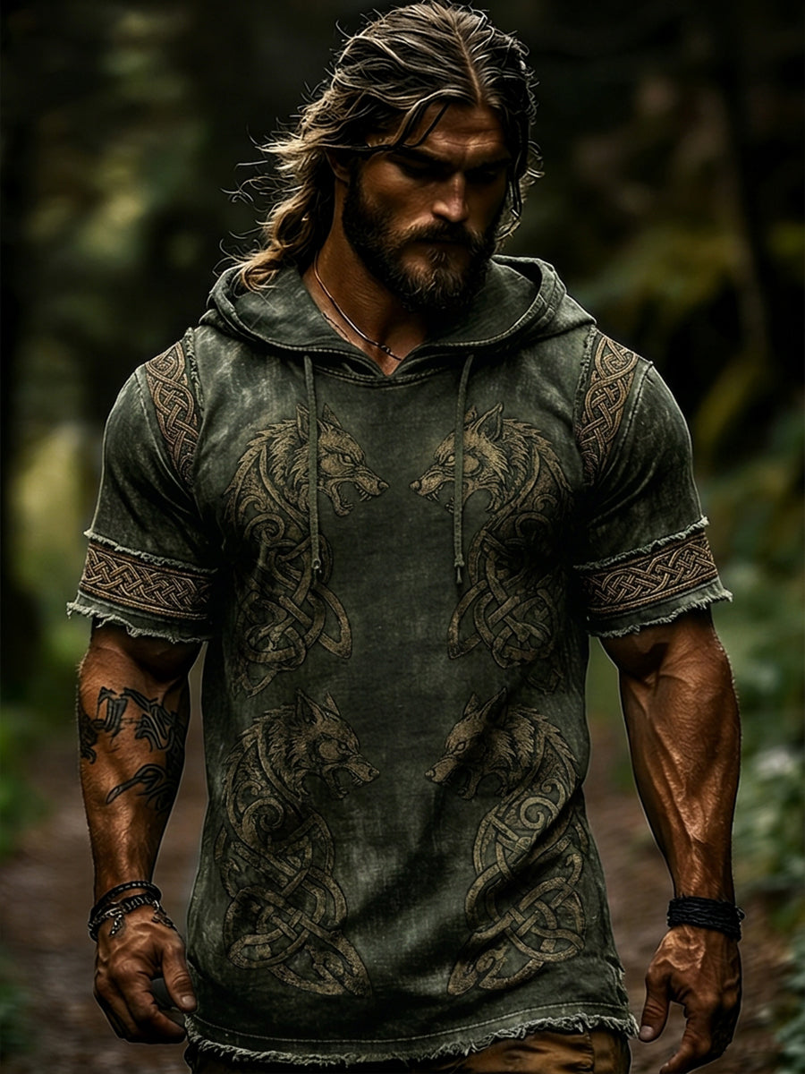 Women's T-shirt with a distressed look and short sleeves, with a Viking-themed print
