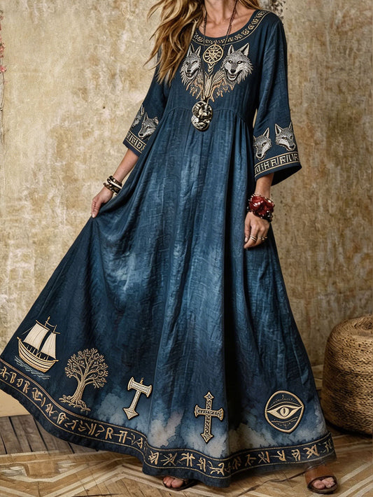 Women's Viking style dress with Nordic motif printed on linen