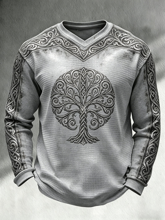Lovely retro Viking-themed printed relaxed waffle knit long-sleeved V-neck top