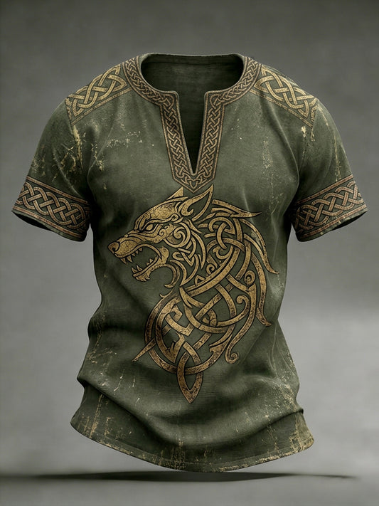 Women's t-shirt with a distressed look, v-neck, and short sleeves, with a Viking-themed print