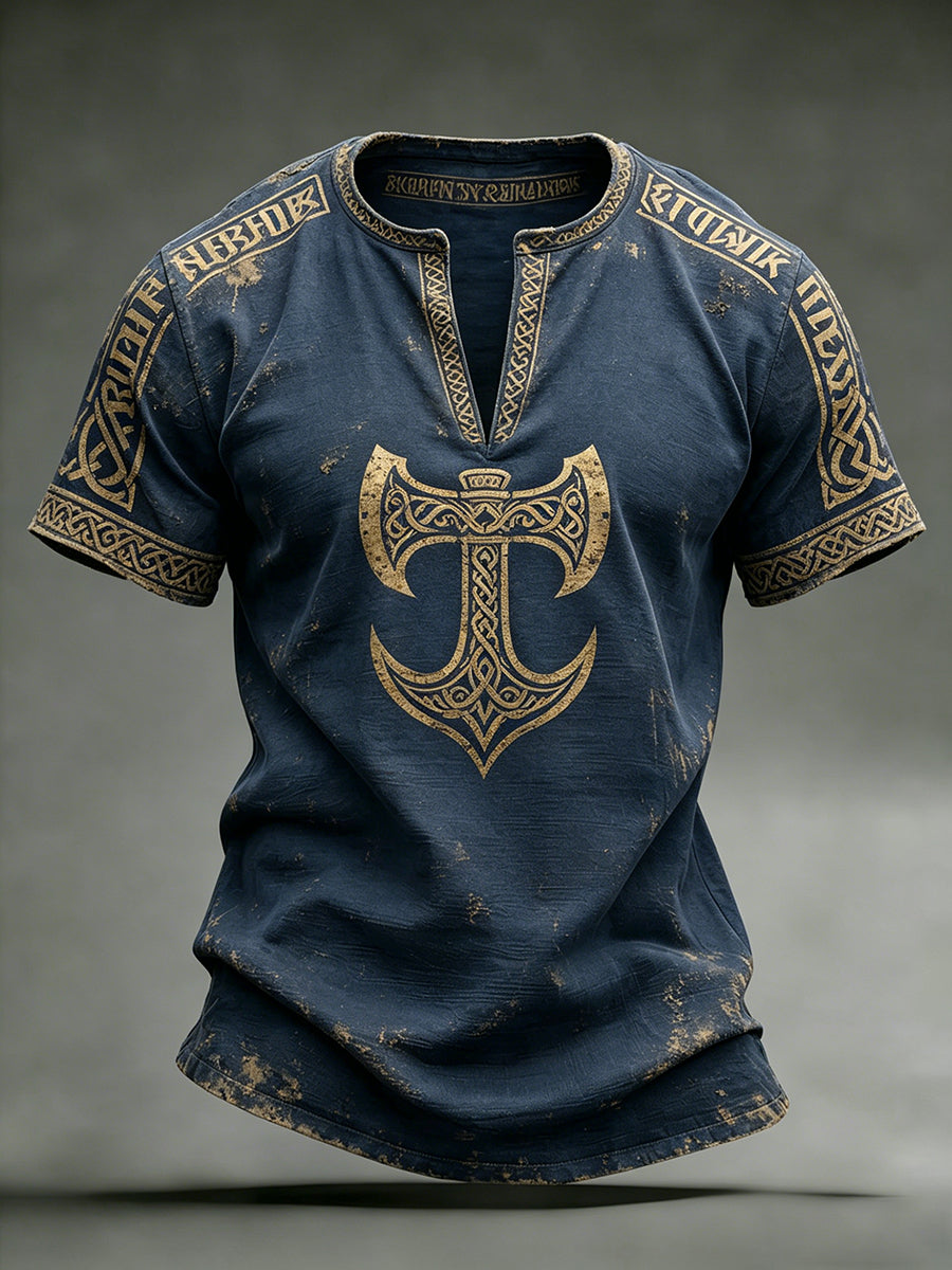 Women's t-shirt with a distressed look, v-neck, and short sleeves, with a Viking-themed print