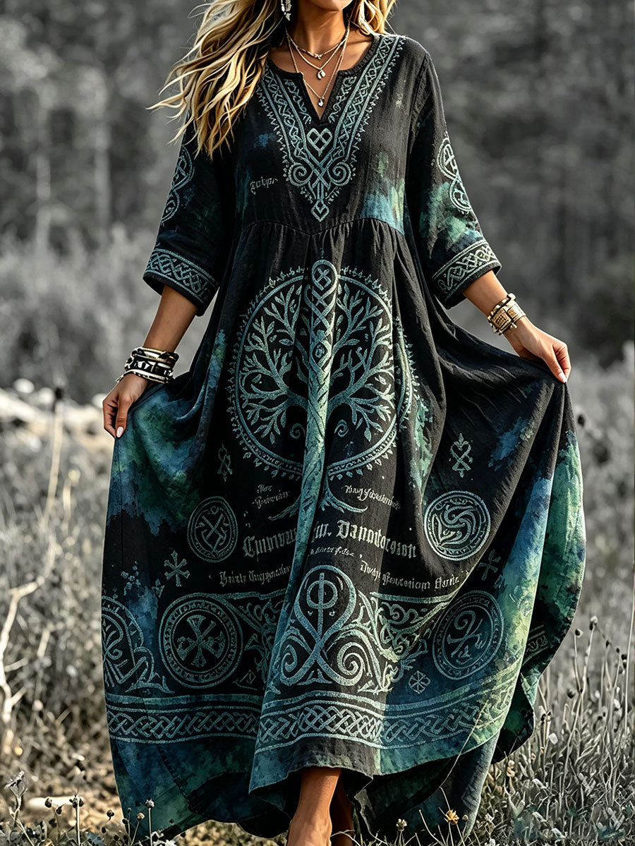 Kvinnors Viking Style Nordic Konst Tryckt lin klänning