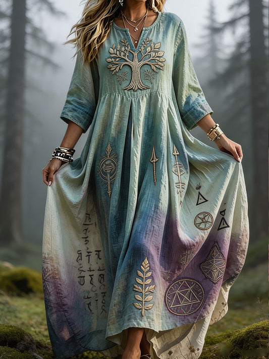Women's Viking style dress with Nordic motif printed on linen
