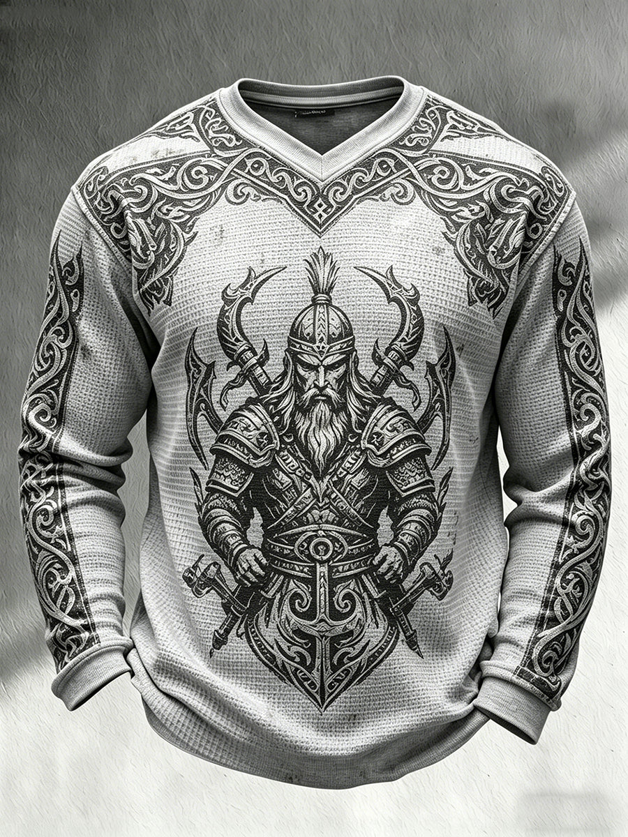Lovely retro Viking-themed printed relaxed waffle knit long-sleeved V-neck top