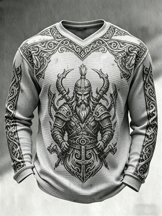 Herlig retro-vikingtema-trykt avslappet vaffelstrikket langermet genser med V-hals