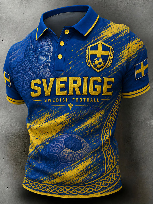 Vintage Printed Polo with Football Theme for Swedish Fans - Relaxed Style for Men