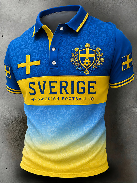 Vintage Printed Polo with Football Theme for Swedish Fans - Relaxed Style for Men