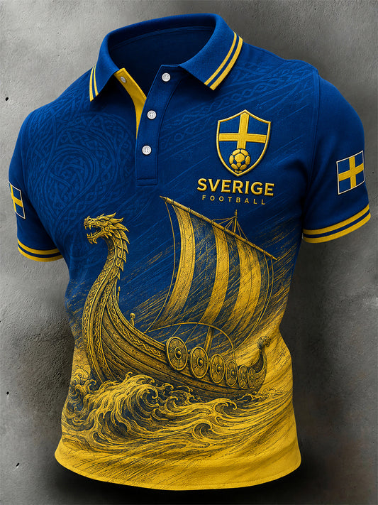 Vintage Printed Polo with Football Theme for Swedish Fans - Relaxed Style for Men