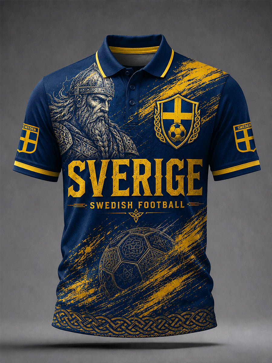 Vintage-tryckt polo med fotbollstema för svenska fans – avslappnad stil för män