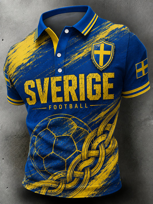 Vintage Printed Polo with Football Theme for Swedish Fans - Relaxed Style for Men