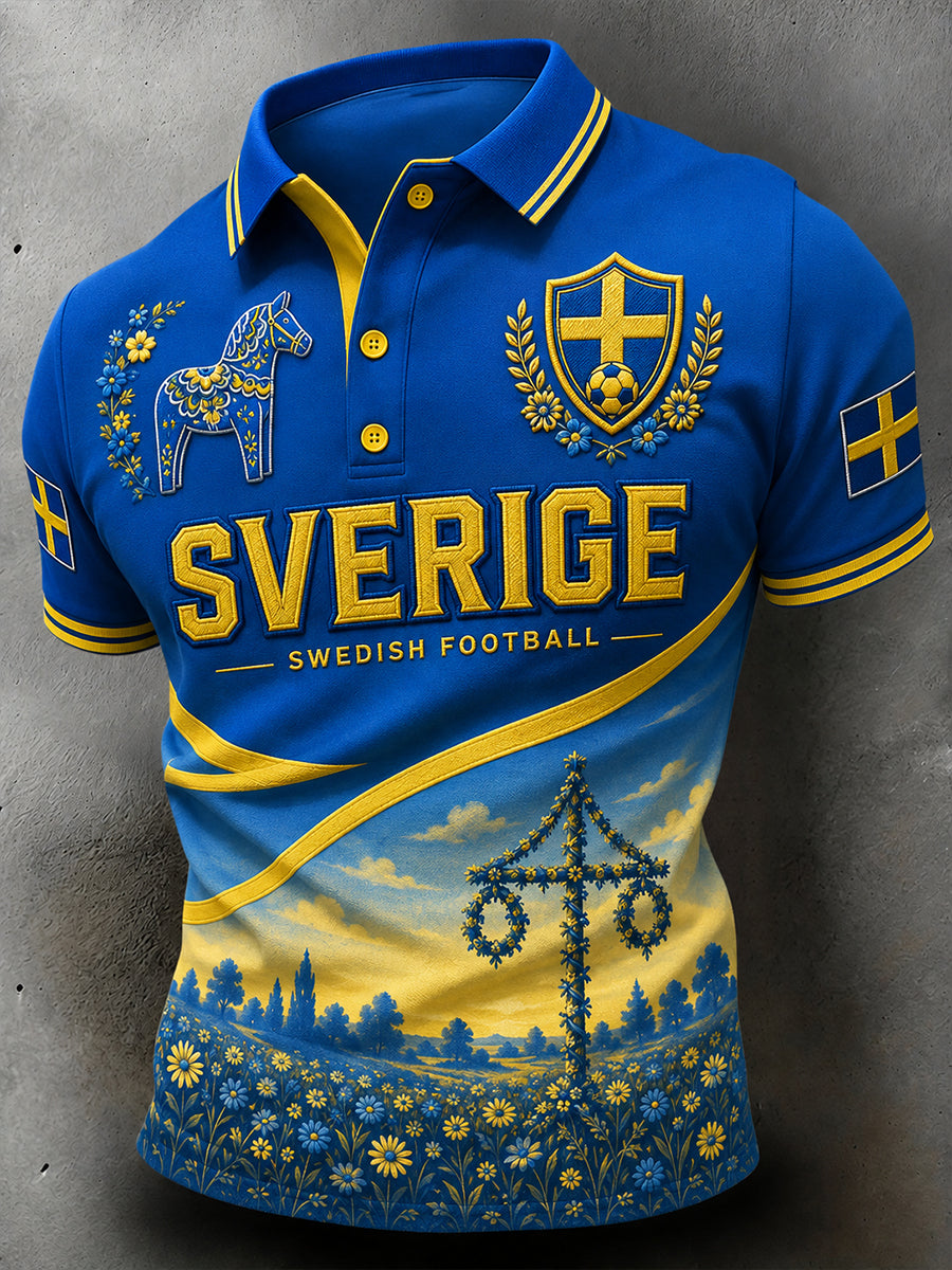 Vintage-tryckt polo med fotbollstema för svenska fans – avslappnad stil för män