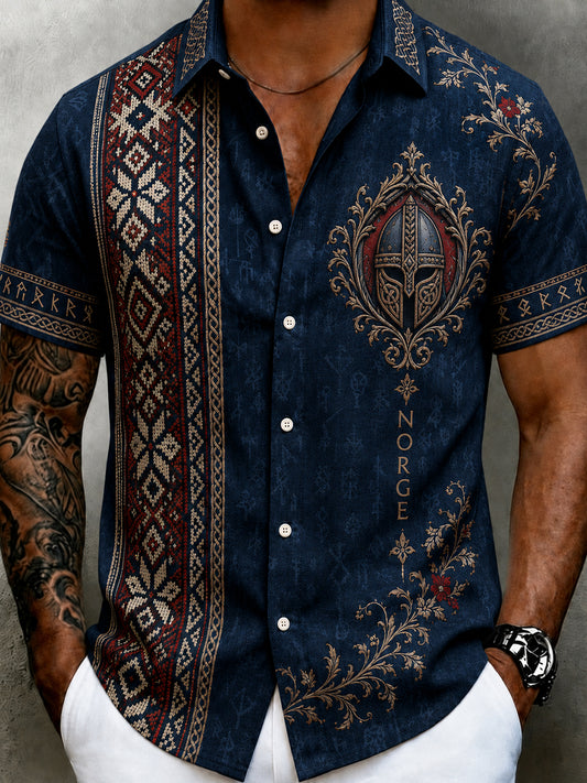 Men's retro Nordic style cultural blouse with Norwegian art print, made of cotton and linen