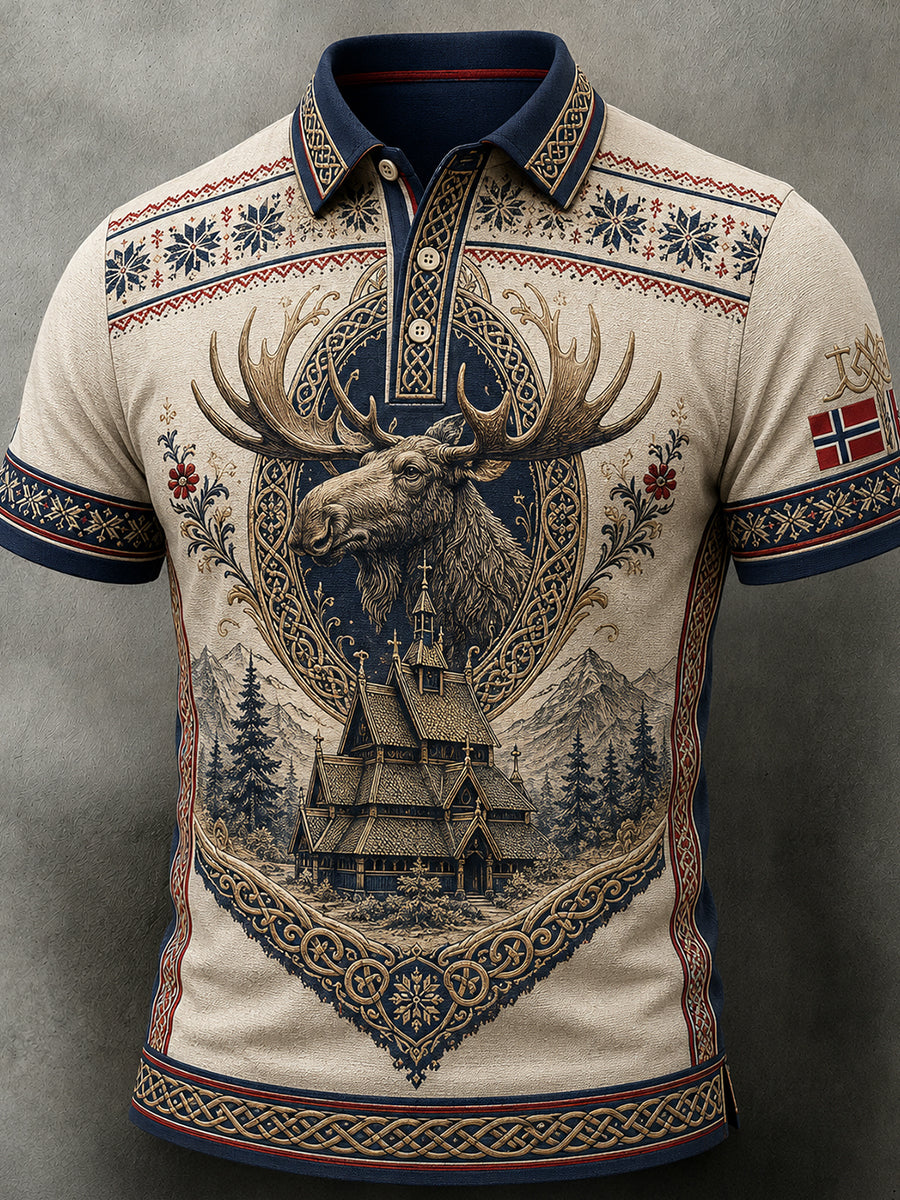 Menns retro nordisk stil norsk kunsttrykk avslappet poloskjorte