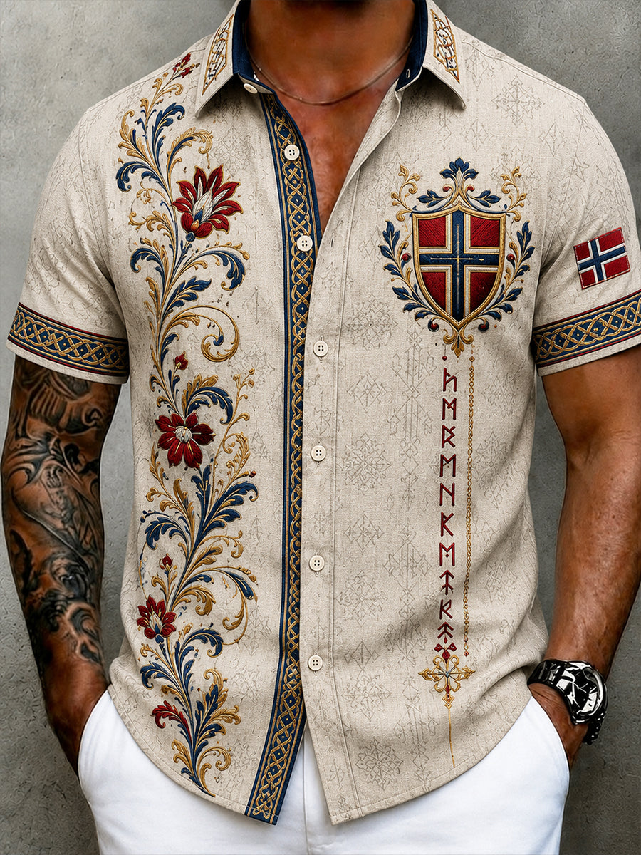 Men's retro Nordic style cultural blouse with Norwegian art print, made of cotton and linen