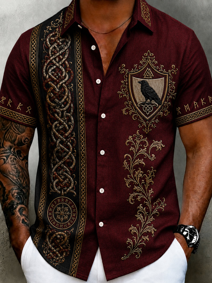 Men's retro Nordic style cultural blouse with Norwegian art print, made of cotton and linen