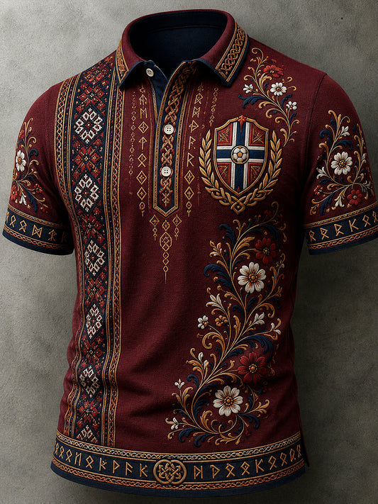 Men's Retro Nordic Style Norwegian Art Print Casual Polo Shirt
