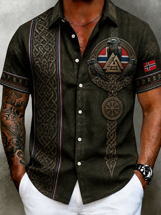 Men's retro Nordic style cultural blouse with Norwegian art print, made of cotton and linen