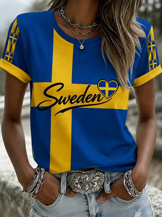Ladies Retro Swedish Football Flag Emblem Viking Style Sad T-Shirt