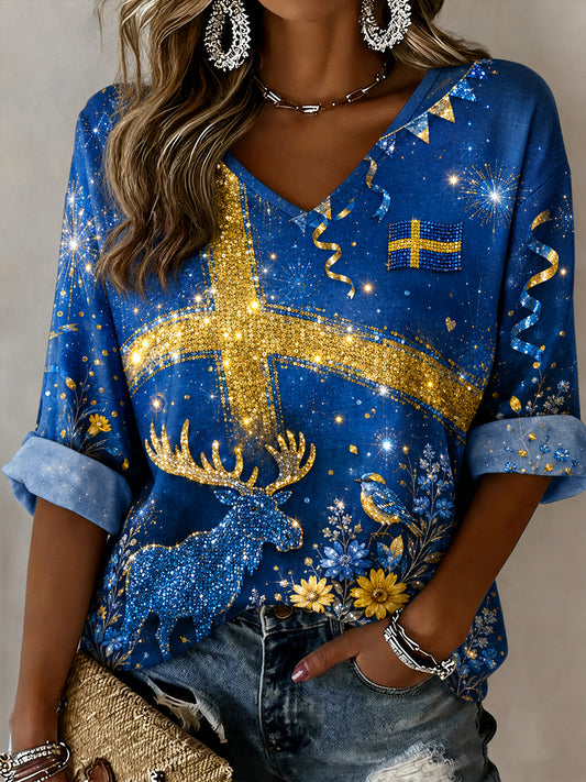 Women's National Day Animal and Floral Print V-neck Top