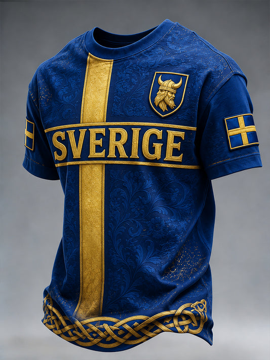 Retro Swedish national football team flag with emblem and Viking-style short-sleeved T-shirt