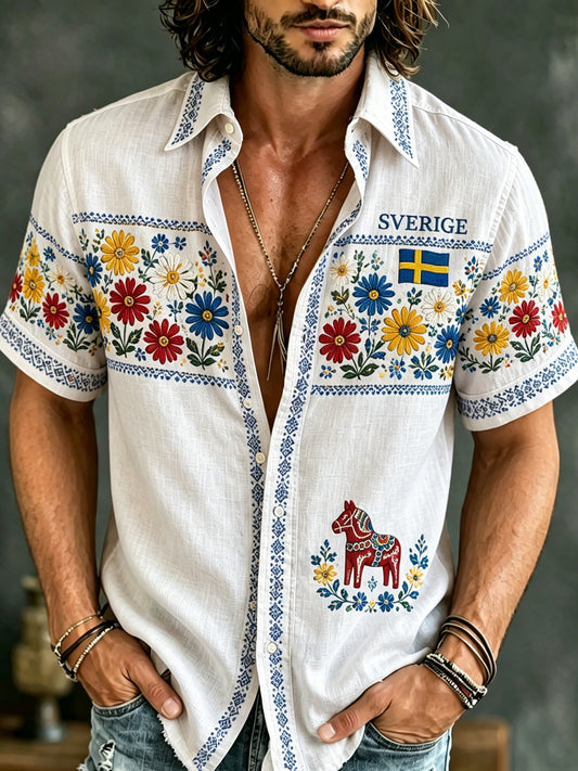 Men's short-sleeved shirt with art print for the Swedish Midsummer celebration