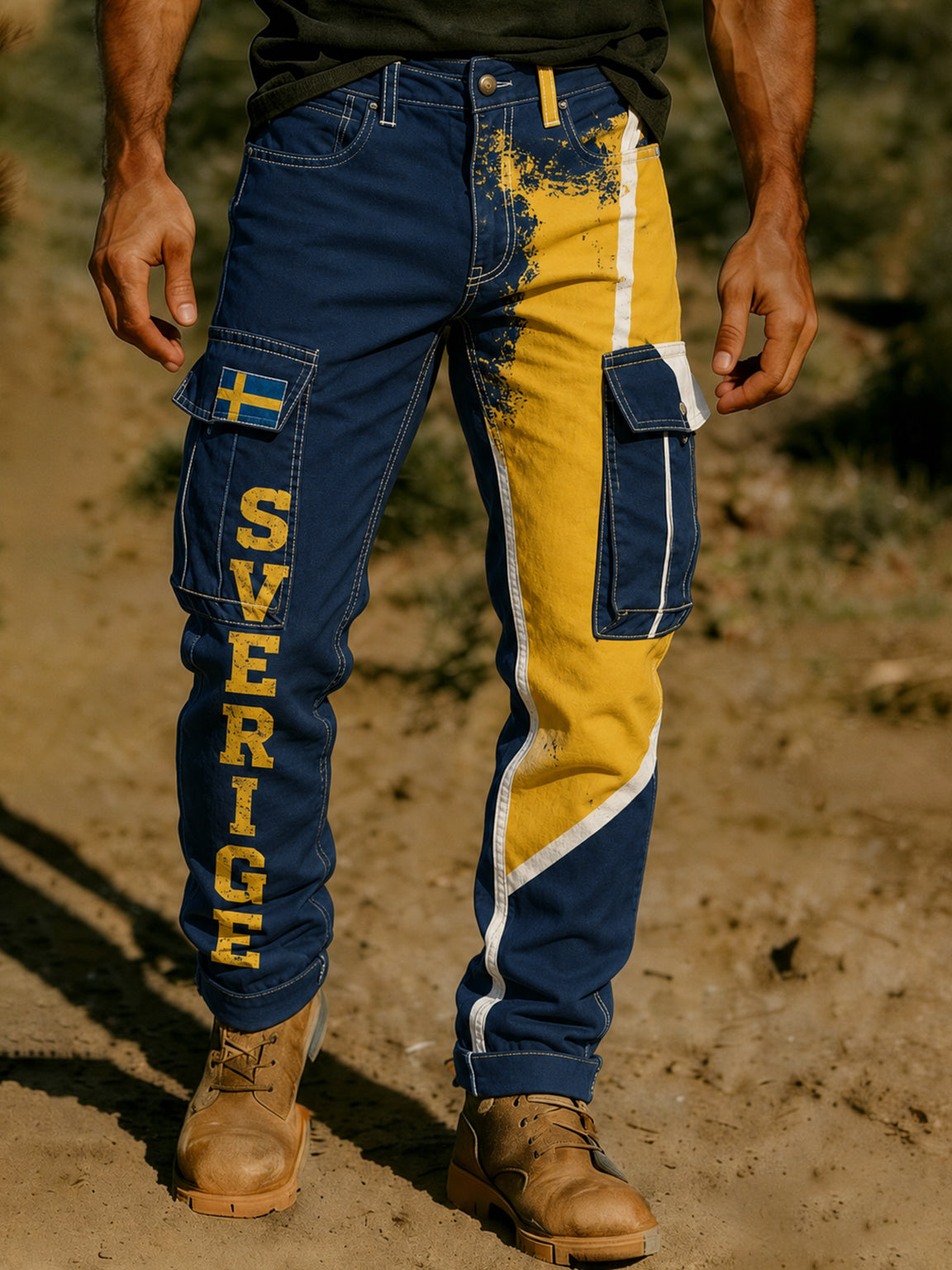 Men's trousers with printed fan art for Swedish football match
