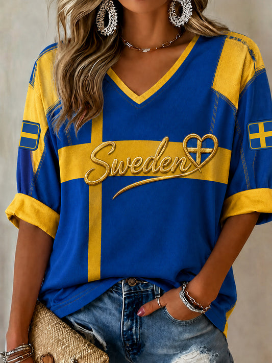 The Dammen retro-Viking style everyday sweater with a badge featuring the flag of the Swedish football team