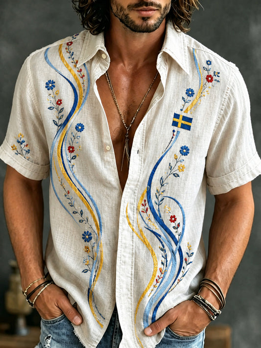Men's short-sleeved shirt with art print for the Swedish Midsummer celebration