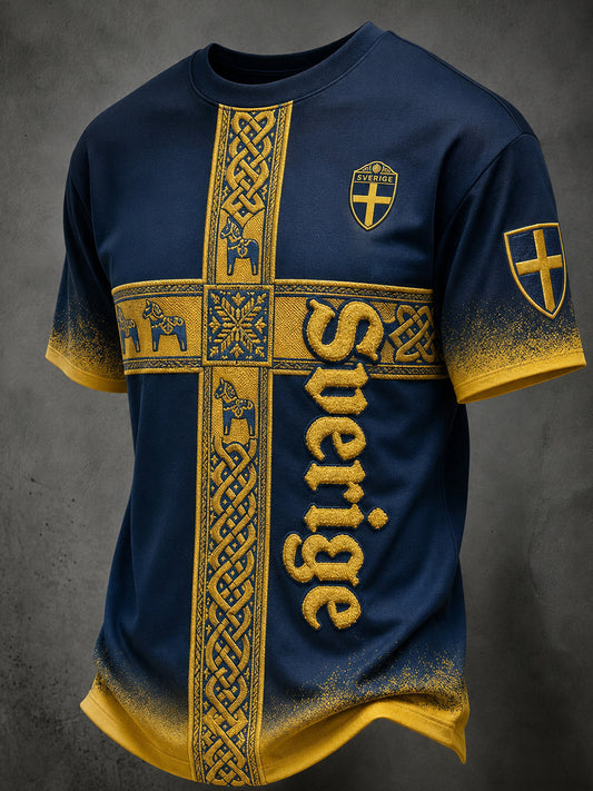 Men's Retro Viking-Style Sweden National Flag Emblem Short-Sleeve Shirt