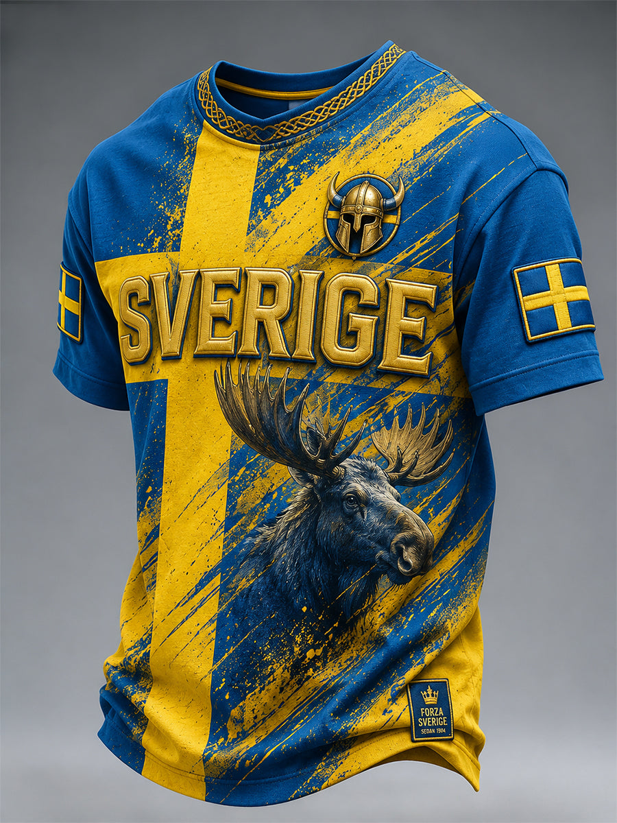 Retro Swedish national football team flag with emblem and Viking-style short-sleeved T-shirt