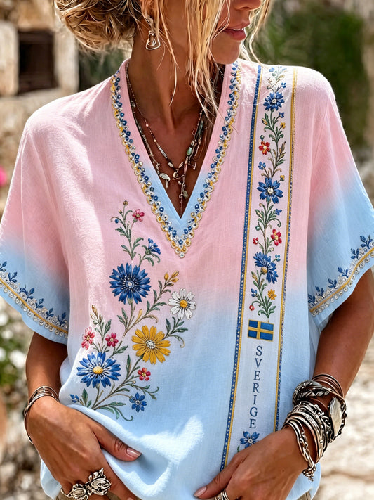 Women's Midsummer Festival Art Print V-Neck Top