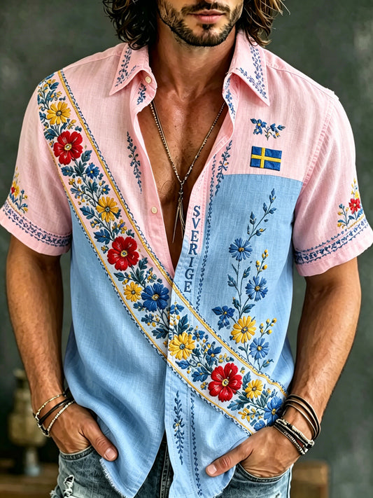 Men's short-sleeved shirt with art print for the Swedish Midsummer celebration