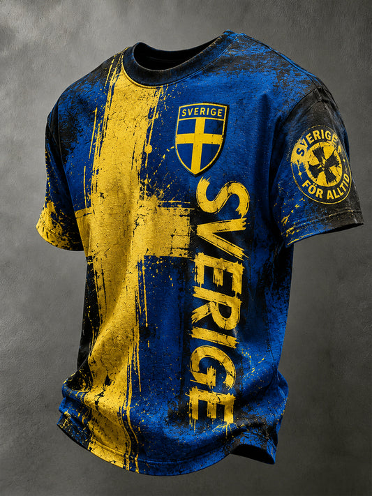 Retro Swedish national football team flag with emblem and Viking-style short-sleeved T-shirt
