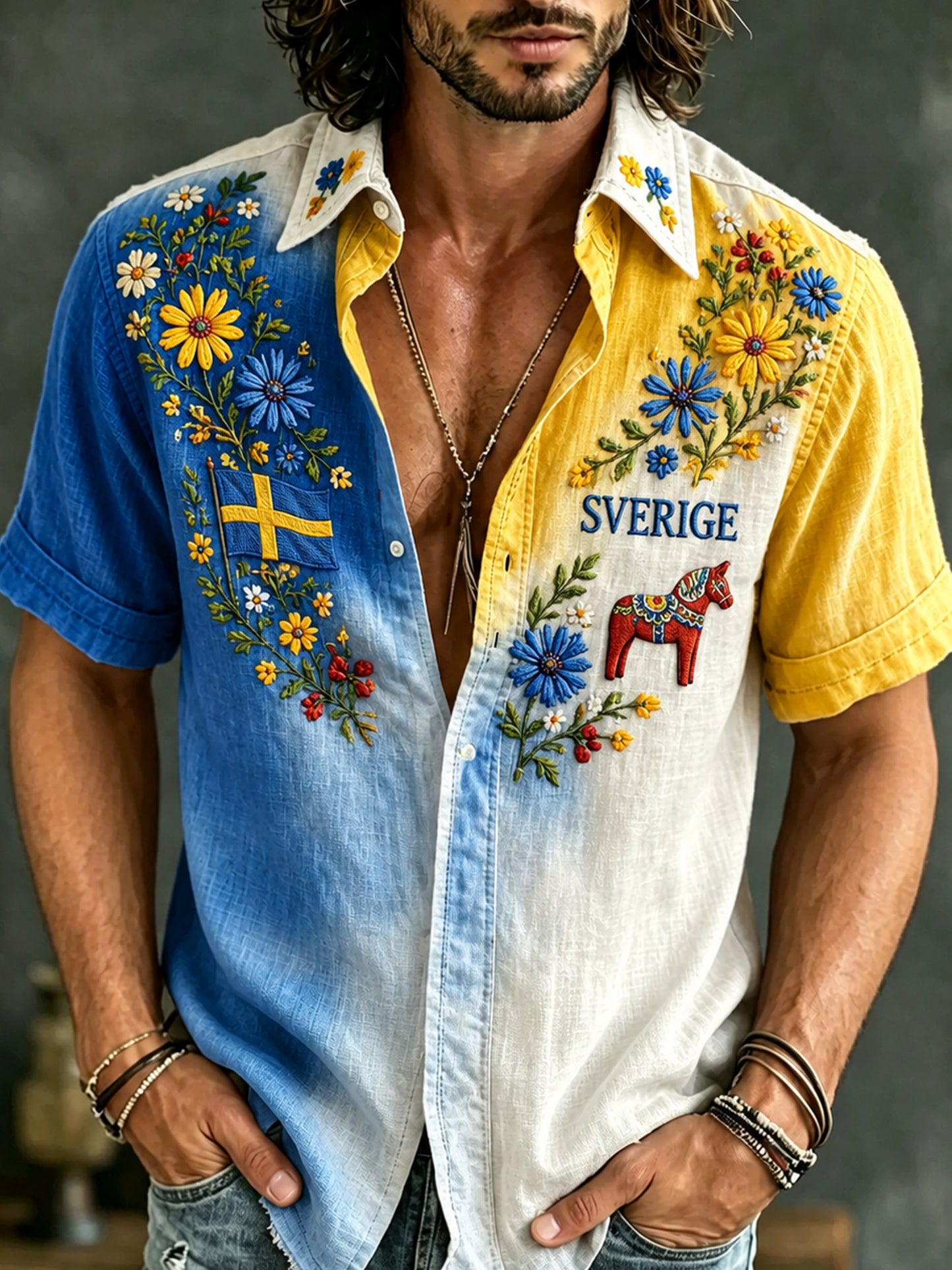 Men's short-sleeved shirt with art print for the Swedish Midsummer celebration
