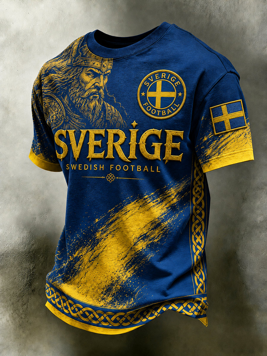 Retro Swedish national football team flag with emblem and Viking-style short-sleeved T-shirt