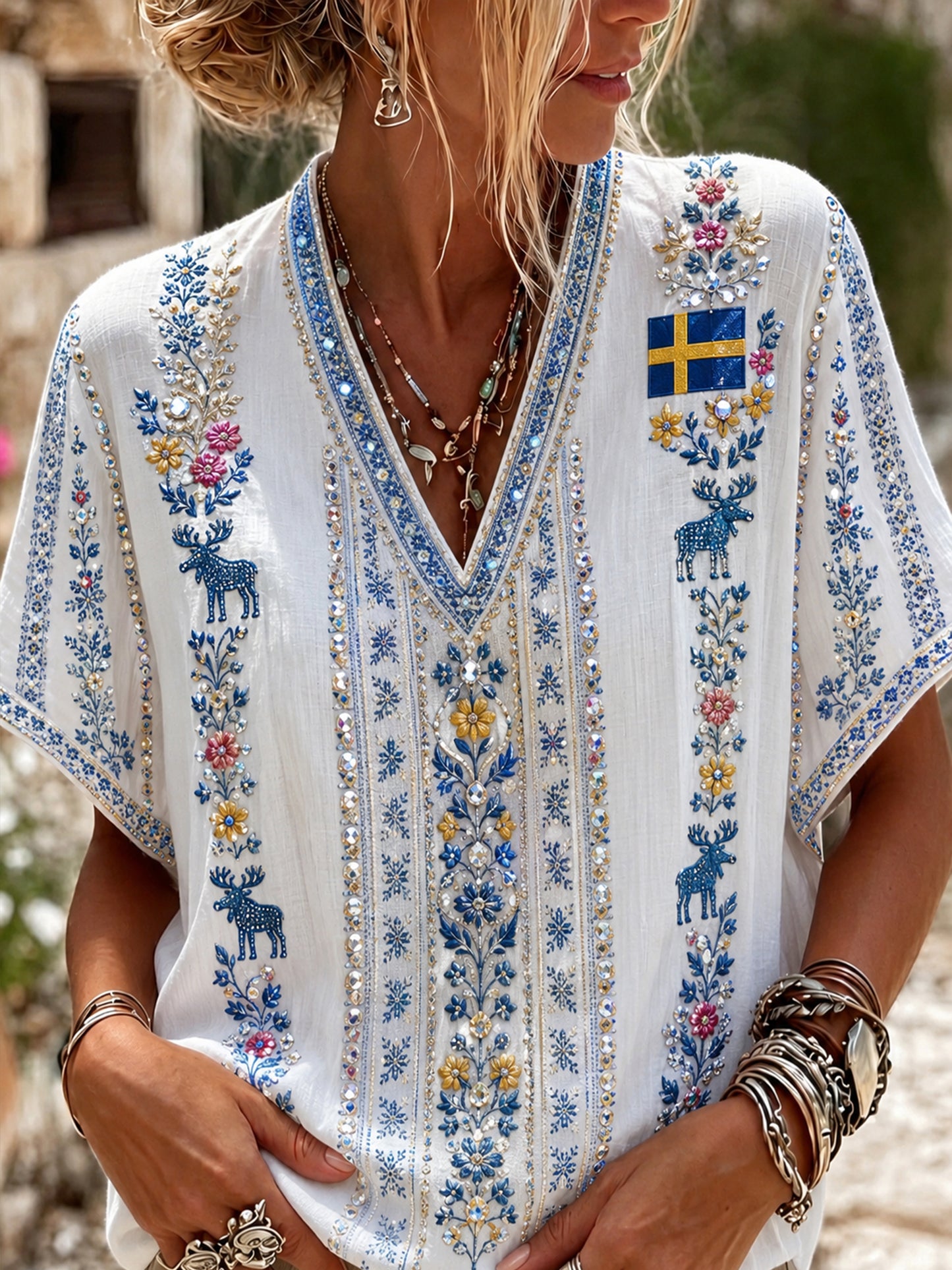 Women's Swedish Midsummer Festival Art Print V-Neck Top