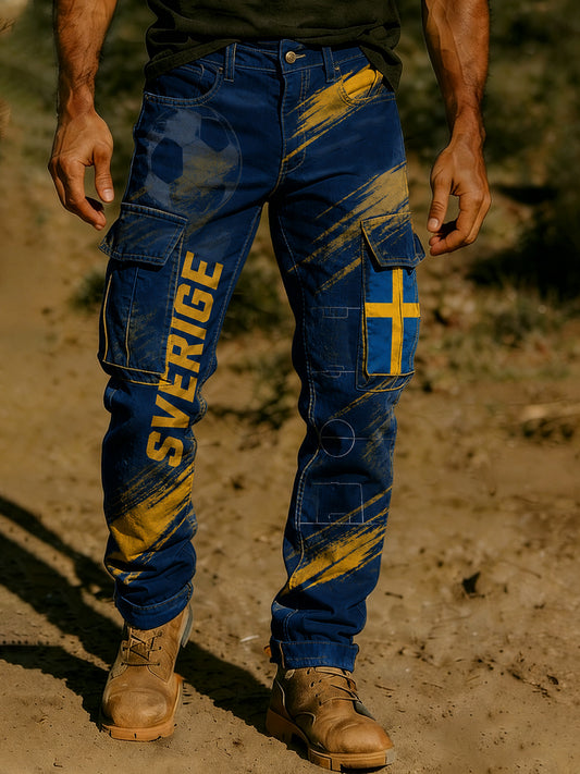 Men's trousers with printed fan art for Swedish football match