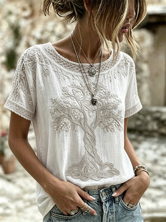 Women's Viking Tree of Life Celtic Art Print Linen Short Sleeve T-Shirt