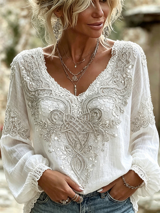 Women's shirt in a classic Viking, Celtic, and floral style with tie bands and cotton linen quality