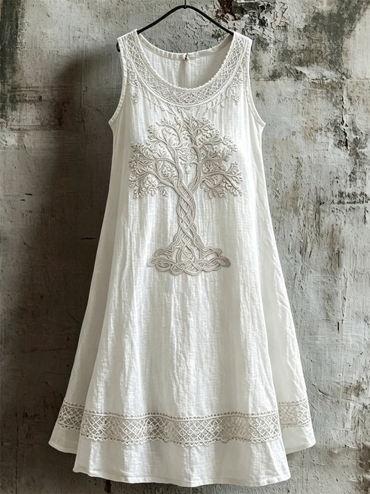 Dammen Viking Tree of Life Celtic Print Linen Dress