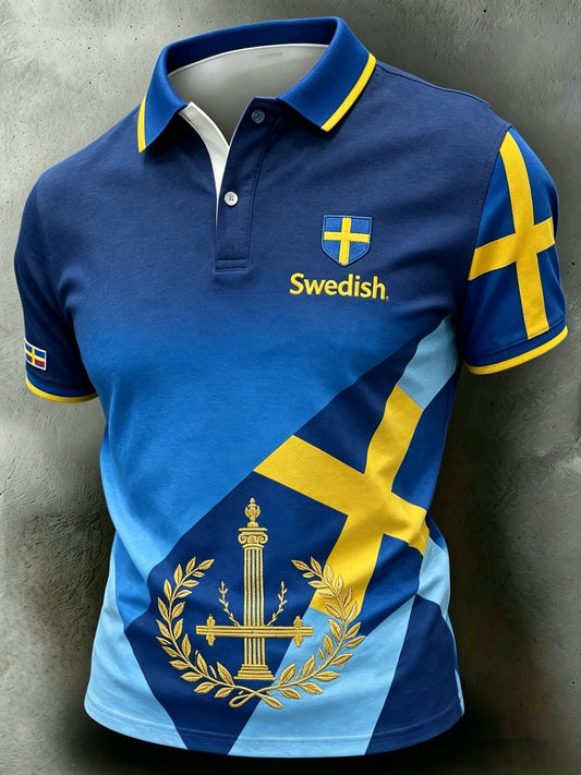 Men's short-sleeved polo shirt with retro print for Swedish football enthusiasts 2026