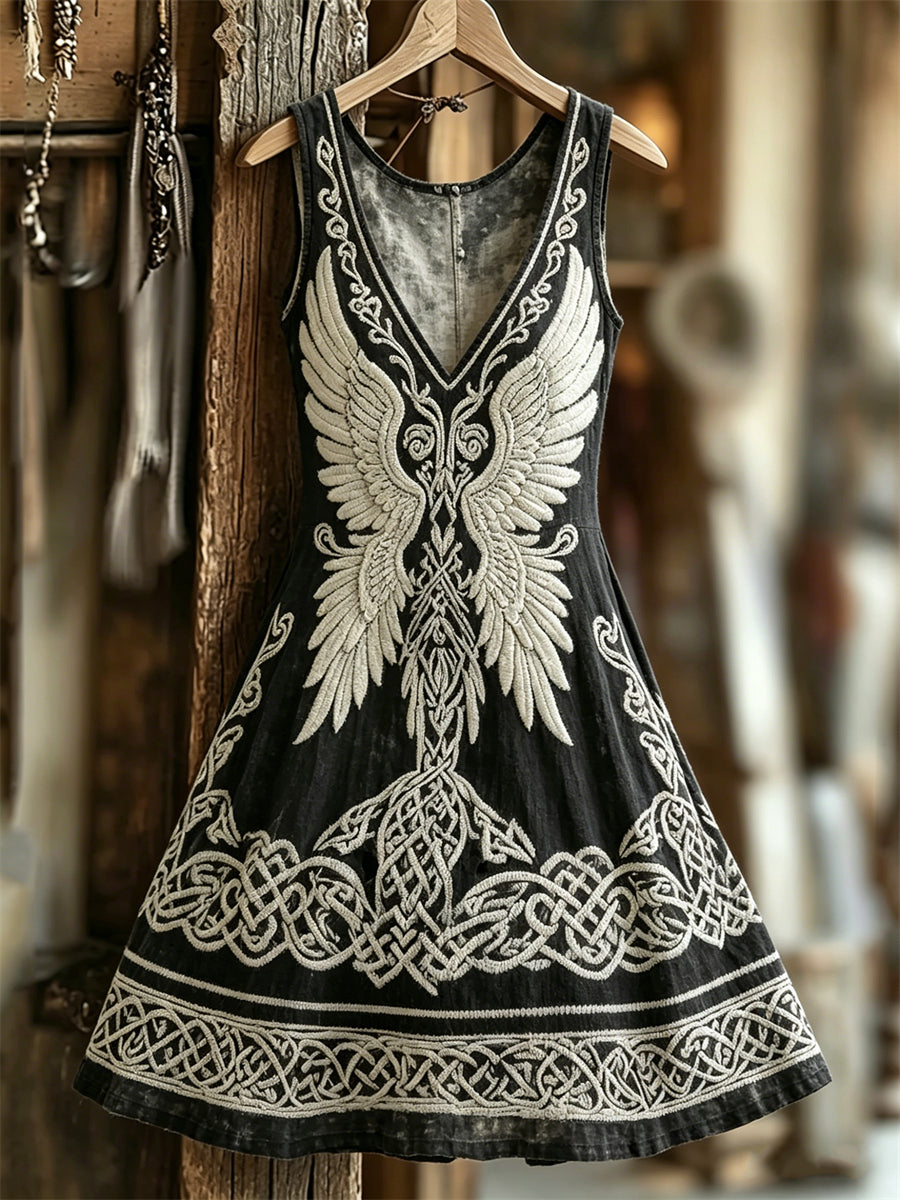 Women Wings Viking Celtic Knot Print V-Neck Dress